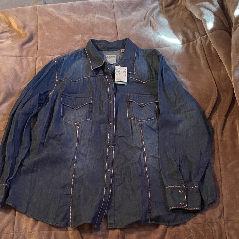 Roper Blue Denim Shirt with Orange Stitching
